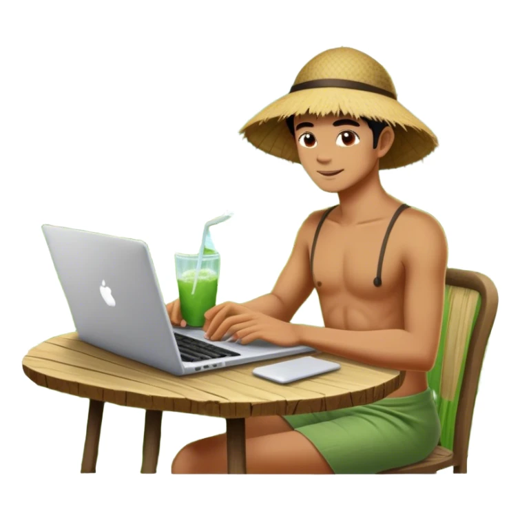 A digital nomad sits at a rustic open-air café in Bali, working on a sleek laptop while sipping coconut water, surrounded by lush green rice terraces and swaying palm trees sticker