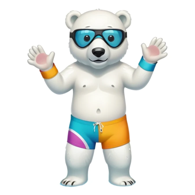 friendly anthropomorphised polar bear standing in a small puddle, wearing colorful board shorts, swimming armbands, scuba mask over eyes sticker
