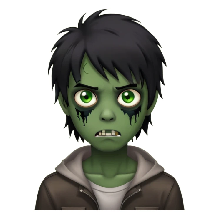 Boy, zombie, black hair, medium long, emo, shaggy, dark, spooky, creepy expression, green eyes sticker