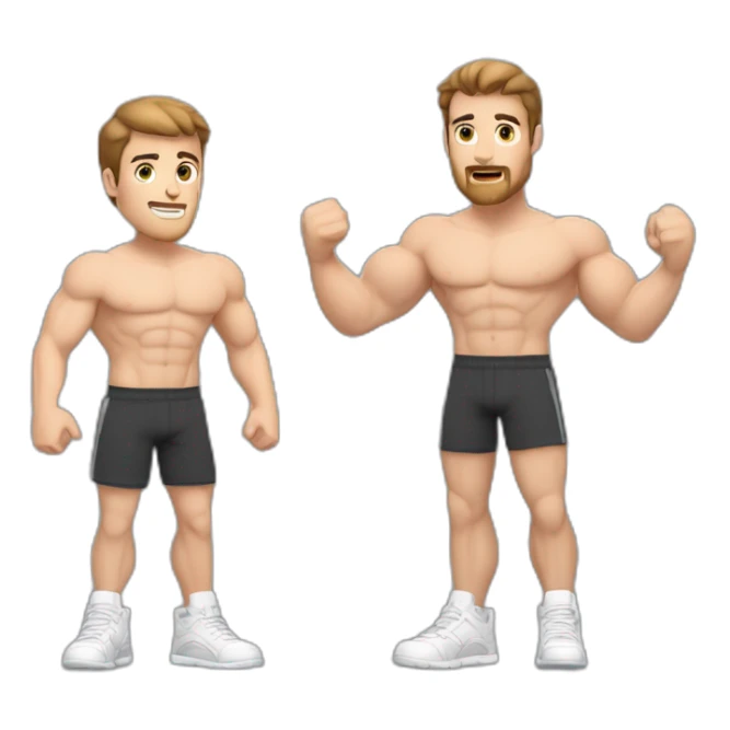 Full height Actively gesturing with hands Pale skinned Fit Man With the biceps and brown hair in dark gray Sleeveless Mike, black oversize sports shorts, watch and white Sneakers sticker