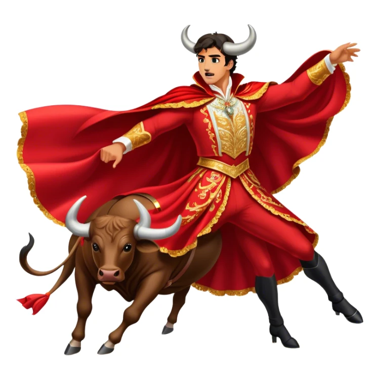 ​Cinematic Realistic Spanish Matador Holding a Red Cape, depicted in mid-action with a vibrant red cape flowing in the wind, dressed in an ornate traje de luces with shimmering details, confronting a charging bull in a dramatic arena, rendered with dynamic motion blur and vivid, high-contrast lighting, sticker