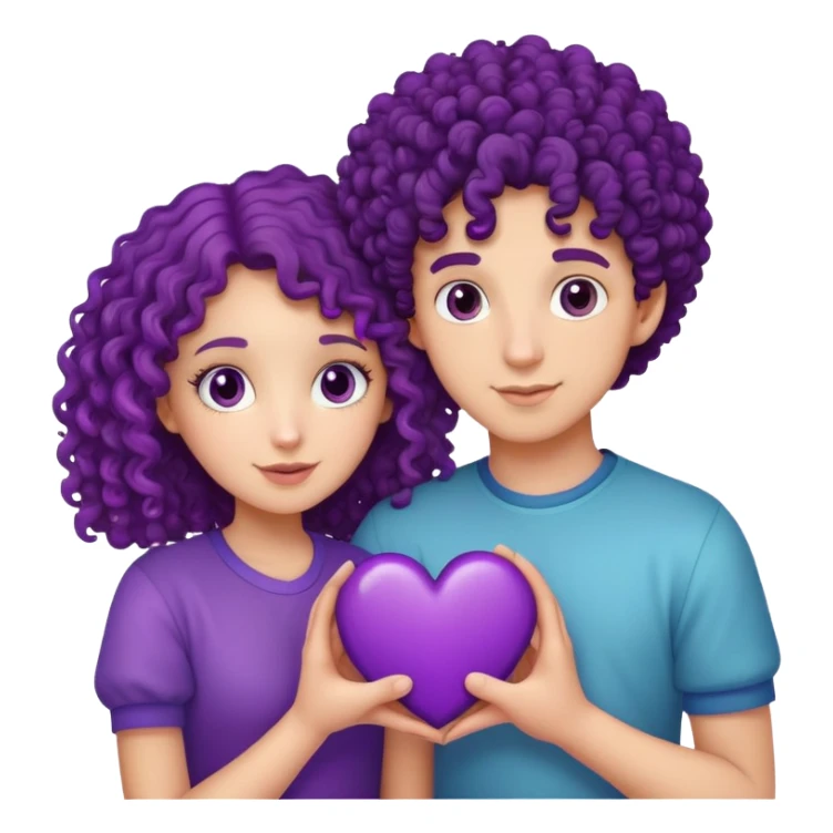 A curly haired girl and boy holding together a purple heart  sticker