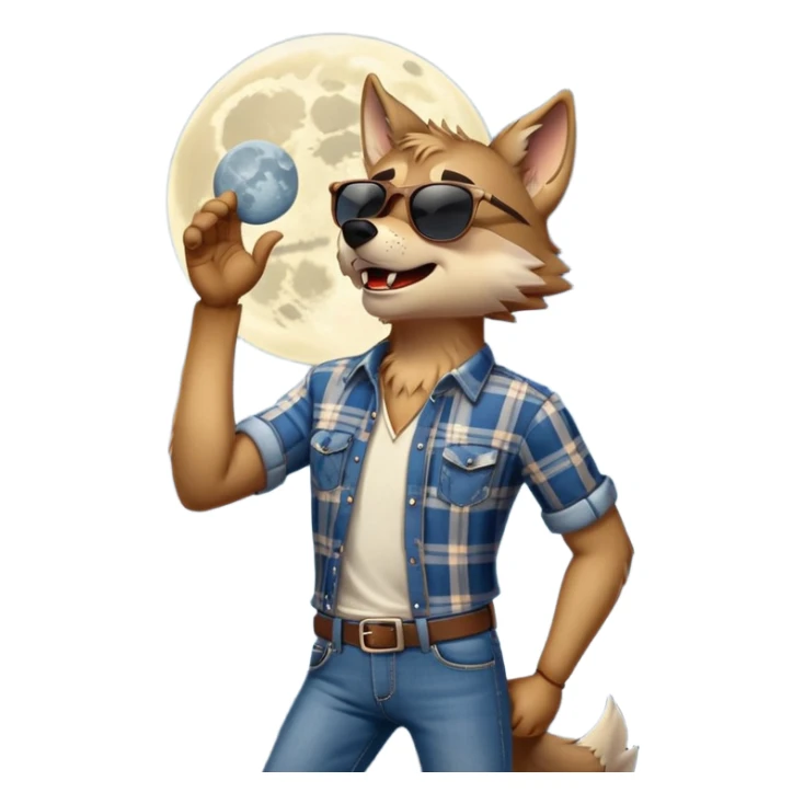 friendly anthropomorphised wolf in jeans and plaid shirt, wearing dark sunglasses, howling with the moon in the background, dynamic pose sticker