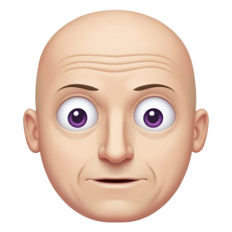 Steven Miller, bald, pronounced grimace, narrow rectangular head, bottom lip sticking out, eyelids almost closed and lower on the outside sticker