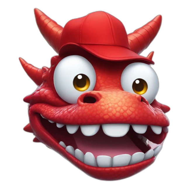 Crazy funny red dragon head with human white teeth and beautiful smile wearing glasses and hat sticker