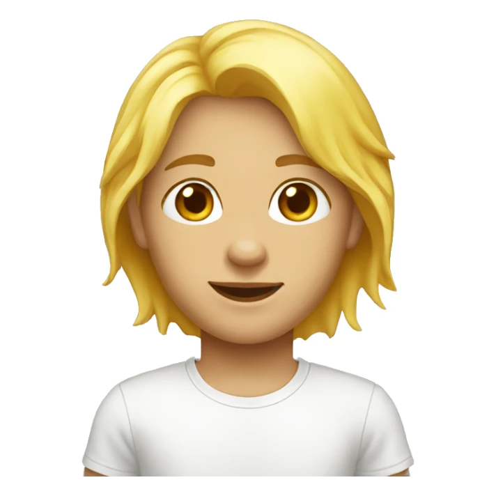 Person: light-yellow hairs, brown eyes and white t-shirt sticker
