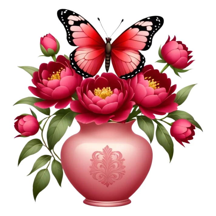 Delicate butterfly with Ruby and Wine Red wings perched on a Fiery Red bouquet of Peonies in an elegant Pastel Rose vase, bathed in warm, soft lighting. sticker