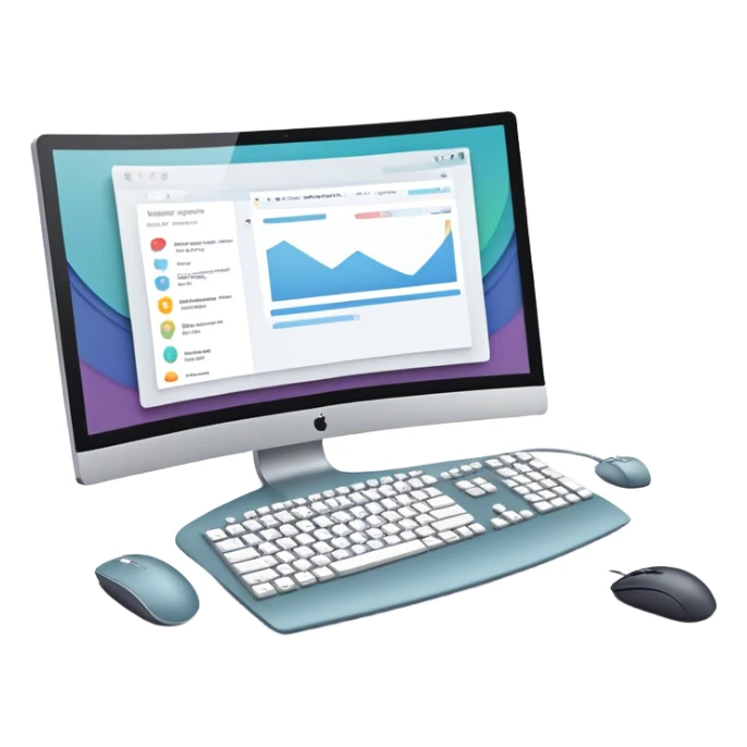 Create an emoji for UX/UI design. Large curved monitor, displaying UX/UI design interfaces. Include a mouse, keyboard, and stylus, symbolizing the design process. Use modern, professional colors. Do not include any emojis or smiley faces. Make the background transparent. sticker