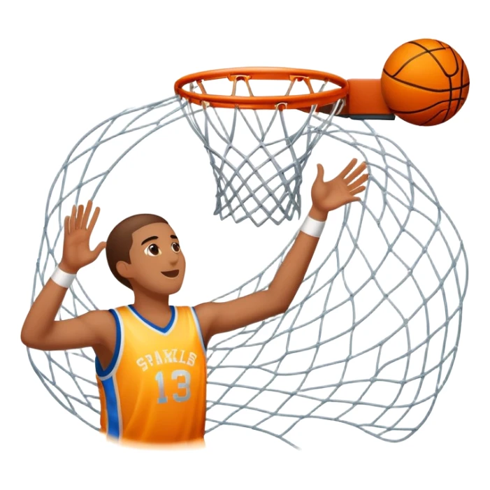 Basketball with sparkle effects around it as it passes through net, celebration moment, iOS emoji style sticker