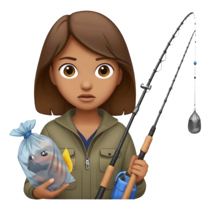 girl fishing, caught trash bag on rod sticker