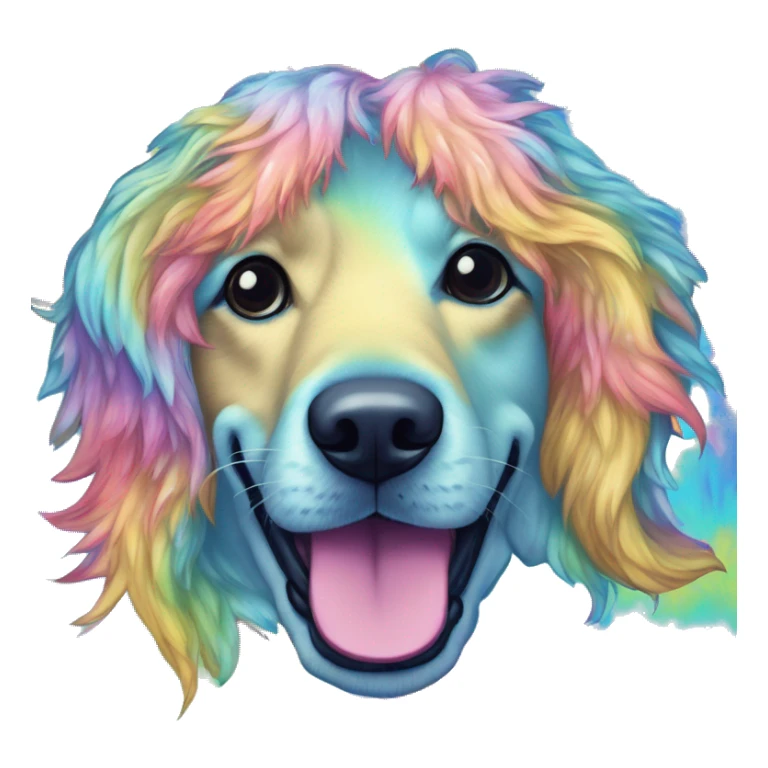 Multicolored rainbow retro groovy tie dye hippie trippy floral patterns on a metallic holographic iridescent blue dog face head unicorn sticker