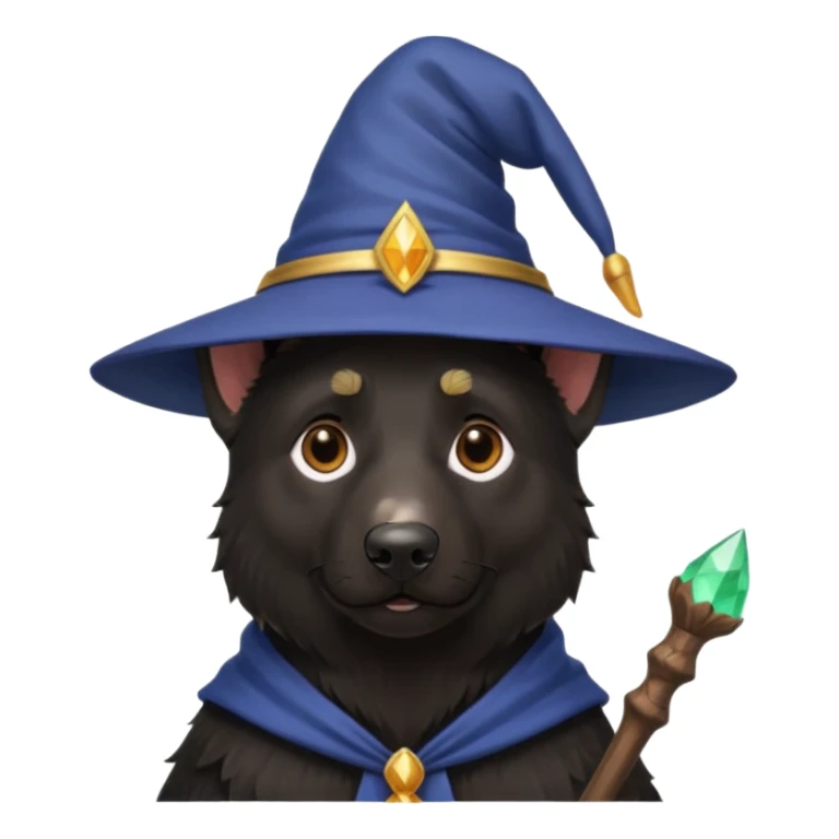all black german shepherd face wearing a wizard hat and staff sticker