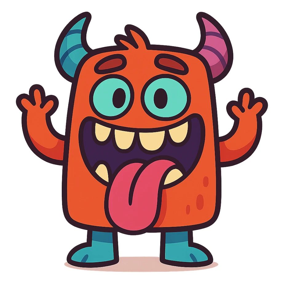 funny monster with exaggerated teeth and tongue, vibrant colors, bold lines, cute style sticker