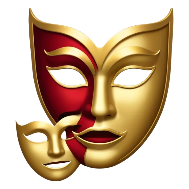 Create a bold and dramatic emoji representing the art of playwriting. The design should feature an open script or a theater playbook, with stylized text lines or dramatic dialogue inside. Include elements like a theatrical mask (comedy or tragedy), a stage spotlight, or a quill to symbolize creativity and performance. Use deep, contrasting colors like red, black, and gold to evoke the intensity and passion of drama. The overall design should feel dramatic, inspiring, and artistic. Make the background transparent. sticker