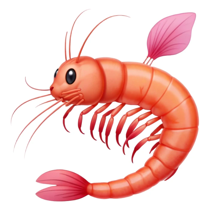 A pink shrimp with a cat's head, shrimp body and tail with cat face sticker