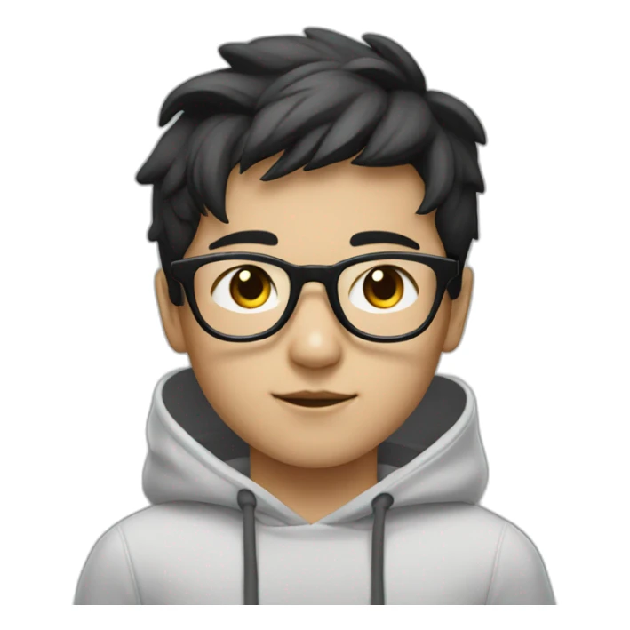 young boy with korean style black hair / grey hoody / white glasses / white glasses sticker