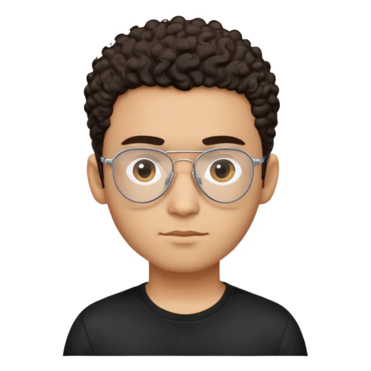 Latino man with light brown complexion, small face and prominent forehead, teardrop-shaped aviator glasses, totally shaved sides with very minimal dark curly hair only on top, gentle expression, simple black t-shirt sticker