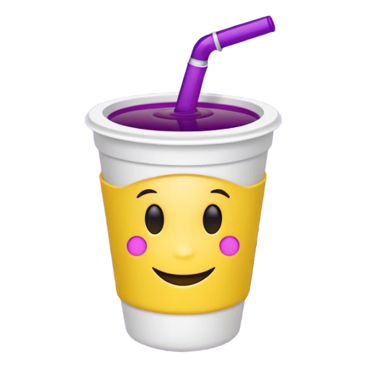  White styro with purple juice inside visible from the top only. Add a yellow emoji face that os holding the cup sticker