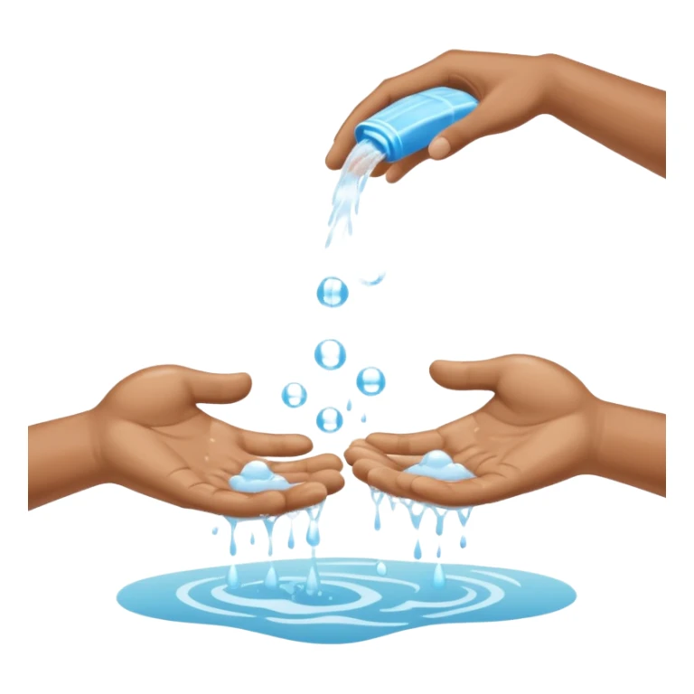 Minimal, flat-design icon of two human hands being washed under flowing water with soap bubbles, no text, high contrast, universally recognisable, plain white background sticker