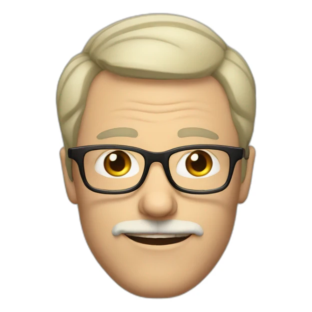 Mid age white British guy with a crooked short moustache, short hair and rounded glasses sticker