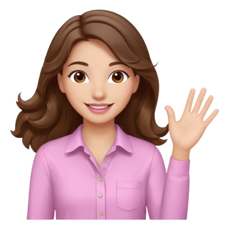 girl with wavy long brown hair, brown eyes, light to medium complexion, long lashes, light pink lipstick, smiling, wearing light pink shirt, waving motion sticker