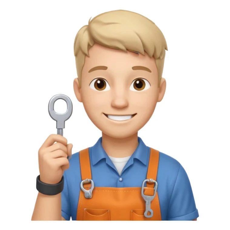 locksmith portrait, head and shoulders only, wearing work apron collar, holding a key near face, friendly confident smile, tool belt strap visible, 3D cartoon, mobile game icon style, clean background, no text, no watermark

 sticker