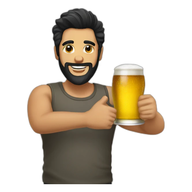 Man black hair anda beard with a beer anda thumb up sticker