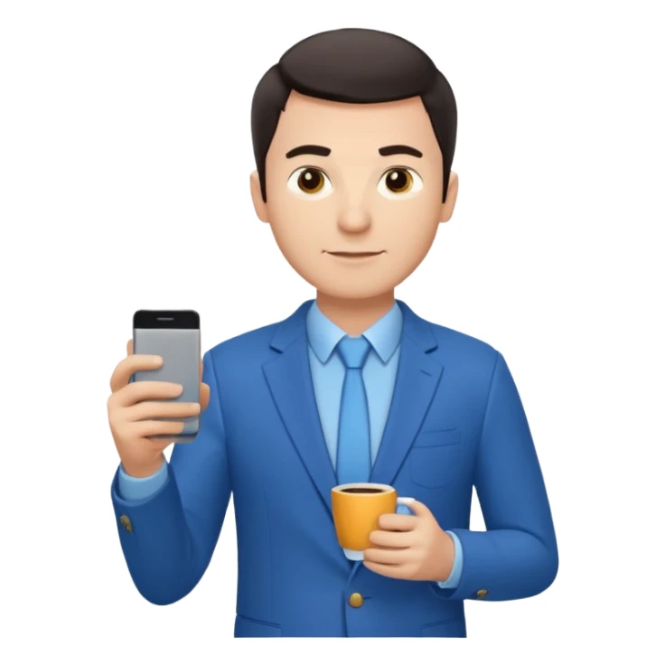 Confident male entrepreneur, Caucasian features, short dark hair, defined eyebrows, slight smile, wearing blue blazer over light blue shirt, holding a smartphone in one hand and a coffee cup in the other, waist-up, front-facing sticker