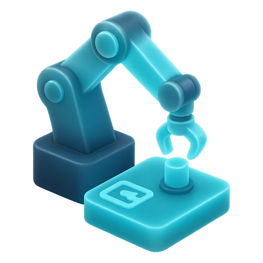 robotic arm automating a process, colors #3B2C85, #83fff8, #2C2828, matte glass style sticker