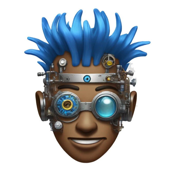 Brown cyborg head with blue Mohawk, blue beard, silver steampunk monocle goggles a smile and circuits sticker