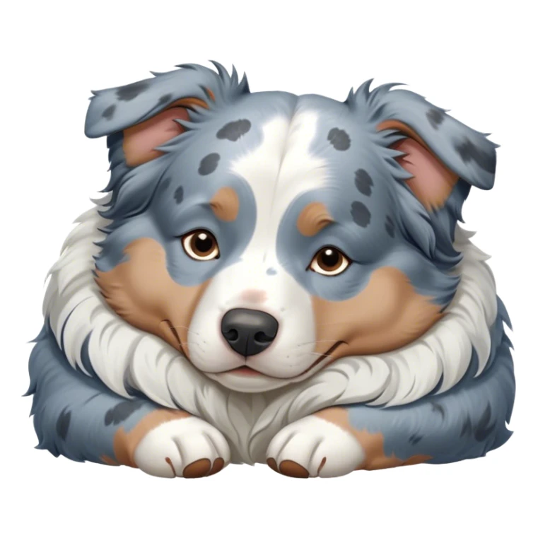 Cinematic Chubby Sleeping Blue Merle Australian Shepherd Portrait Emoji, Chubby and serene, with a round, adorable build and a soft blue merle coat accented by crisp white patches, eyes gently closed in peaceful slumber, Simplified yet irresistibly endearing features, highly detailed, glowing with a gentle, dreamy glow, high shine, relaxed and content, stylized with a touch of whimsy, bright and heartwarming, soft glowing outline, capturing the essence of a blissfully sleepy herder, so comically serene it feels like it could roll out of the screen and snore with adorable charm! sticker
