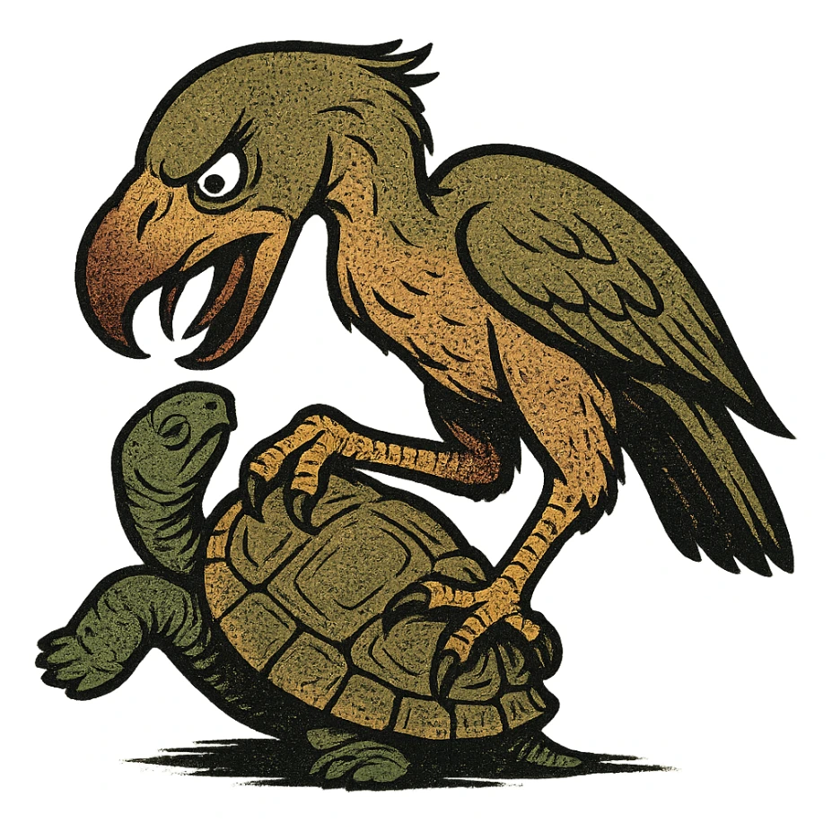 an insignia for a flag: a strange foreign alien bird creature, resembling a prehistoric phorusrhacos, gripping a upturned tortoise with a claw with its' beak tearing down into it
 sticker