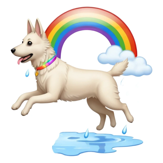 White belgian Shepard jumping over Rain puddles. There is a rainbow in the sky sticker