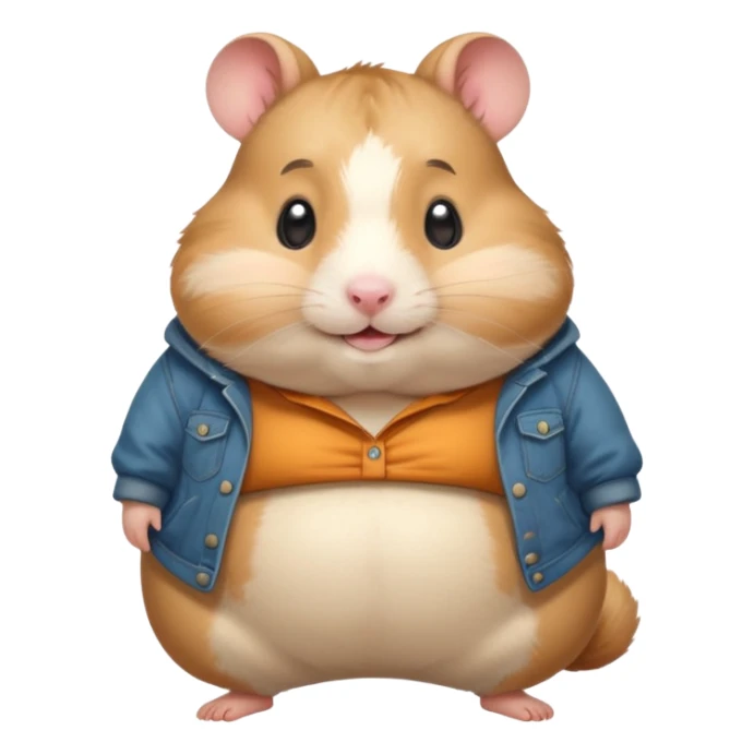Cute chubby cartoon-style hamster wearing oversized pants that look too big, proud and smiling expression. Painterly shading, white background, sticker-style illustration sticker