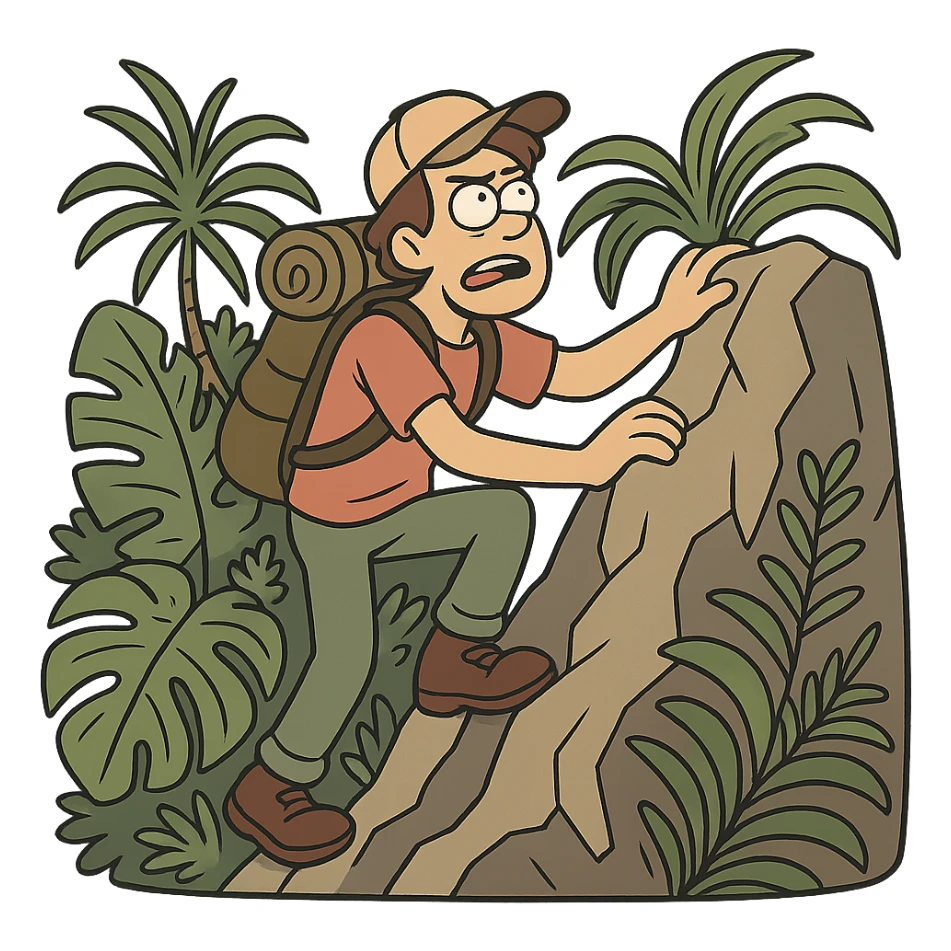 a person climbing a mountain surrounded by jungle plants sticker