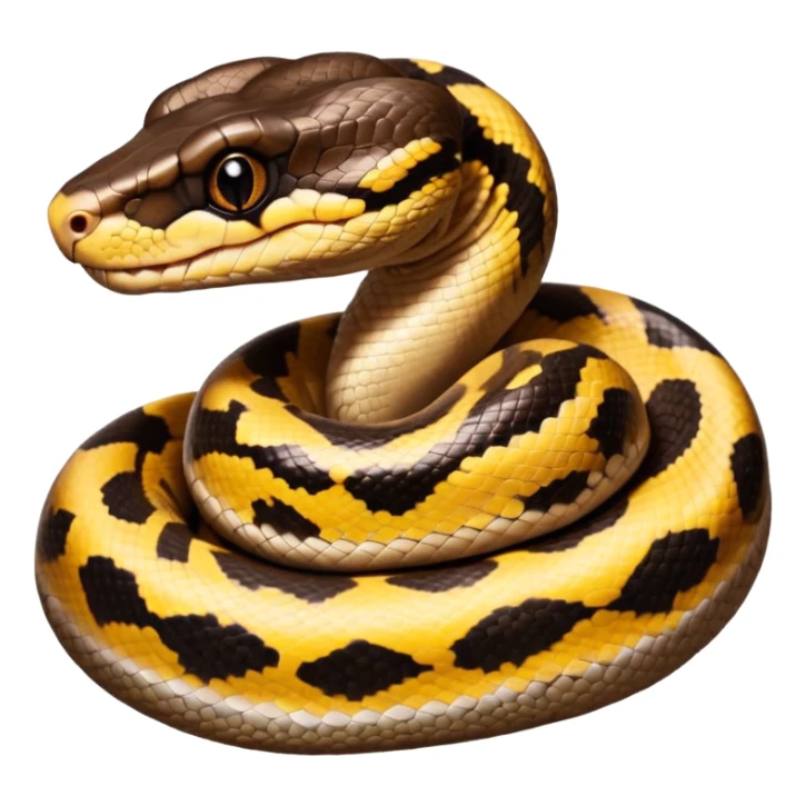 A photo-realistic digital illustration of a Ball Python, large headshot portrait. The snake has a short, rounded snout, smooth contours, and a calm, curious expression. Its head is warm brown with bold, irregular dark markings, including the signature “alien-head” pattern.  sticker
