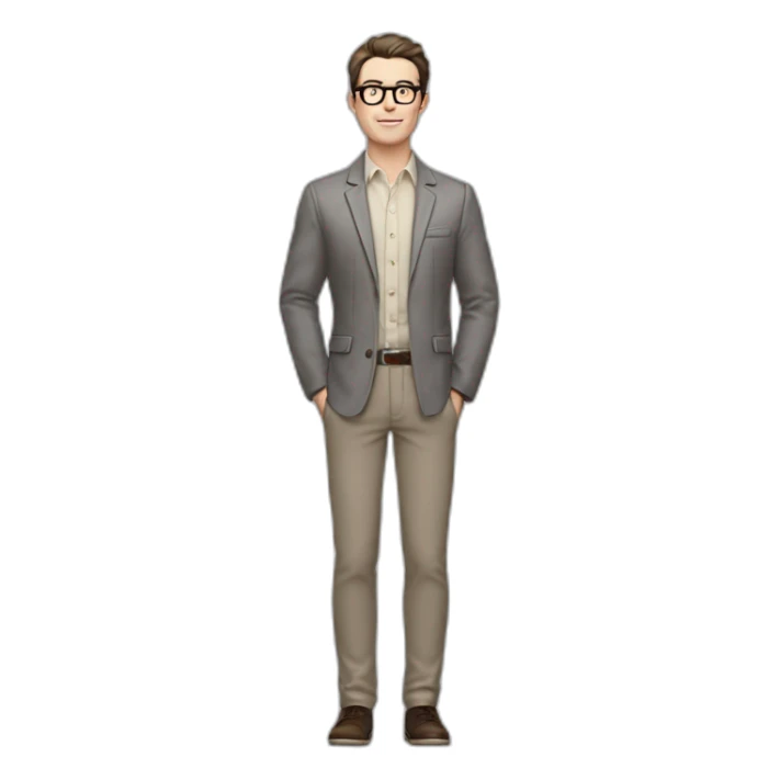 Full height Pale skinned Fit Man With dark brown hair in gray classic jacket, beige office shirt, Brown pants and vintage glasses. Thrumbs of his palms upwards sticker