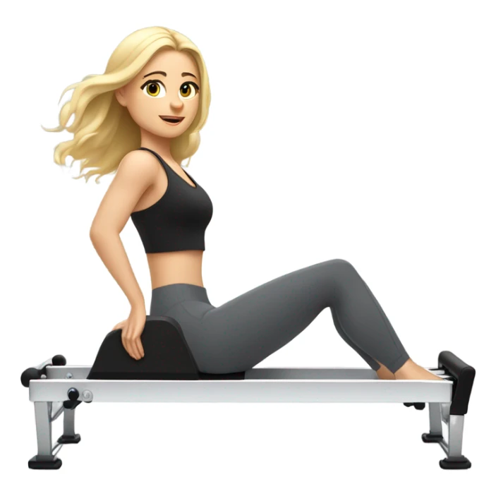 Girl on a Pilates reformer machine, mid-exercise, wearing leggings and a top, blonde sticker