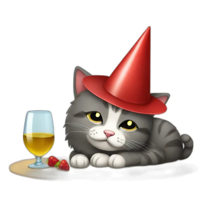 depressed tired kitty drinking wine and party hat on sticker