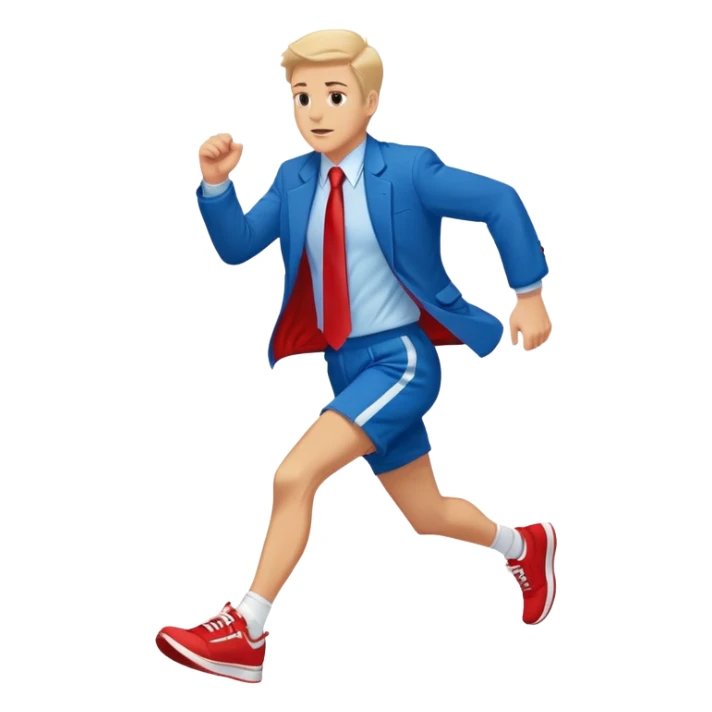a running white man wearing a blue jacket, shorts, red sneakers, and a flowing red tie sticker