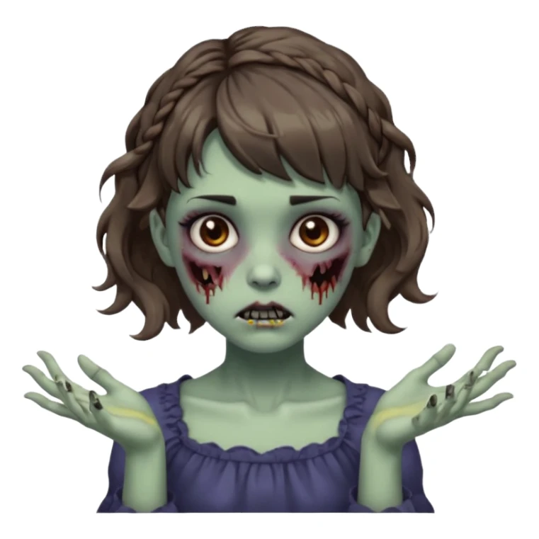 Cabelo ondulado  um pouco cheio e franja curta  Olhos marrons e pequenos e feita d ezumbi mais bonita com cabelo amarro na e com as mãos assim tipo assim🧟‍♀️ sticker