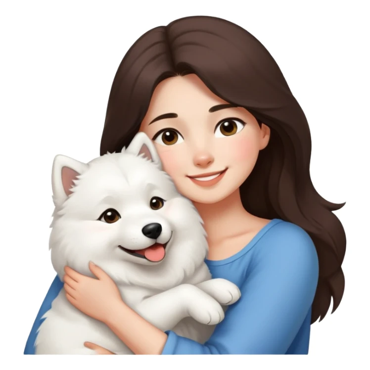 a shoulder-length brunette girl snuggles a cute smiling samoyed sticker