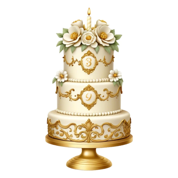 highly detailed white and gold rococo birthday cake with flowers sticker