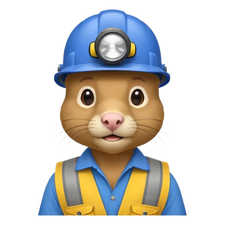 a mole rat, blue helmet, headlamp, yellow worker cloth sticker