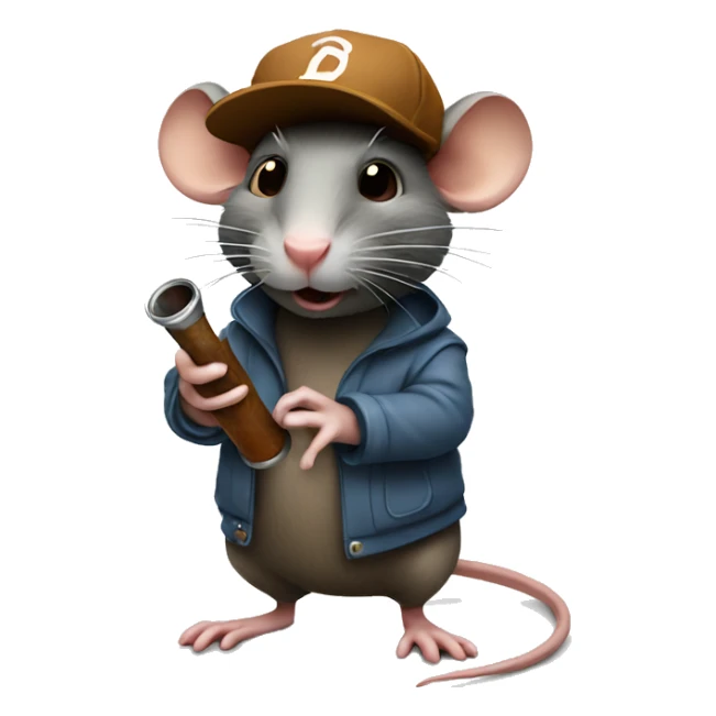 Rat wearing a brown cap holding a glass pipe sticker