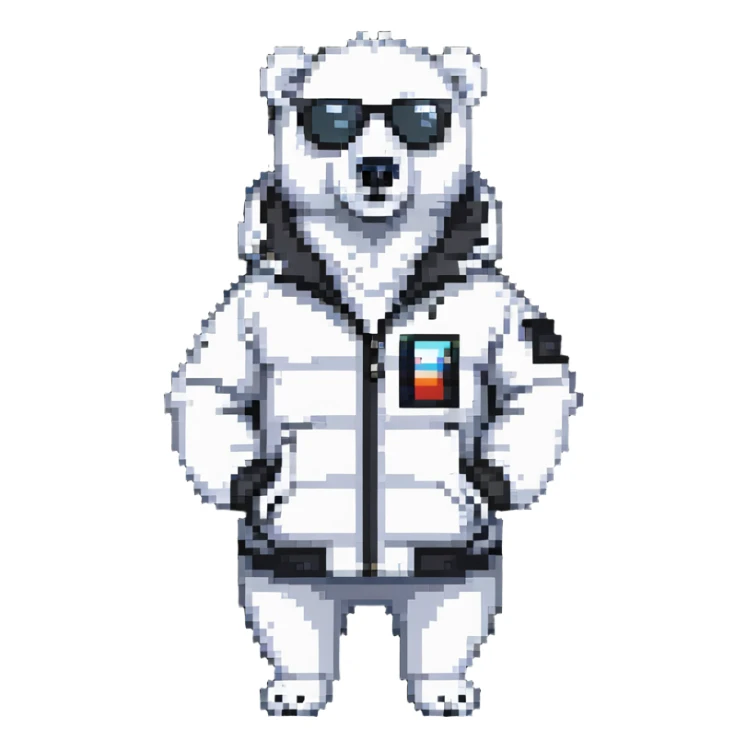 polar bear wearing a white puffer jacket and sunglasses  sticker