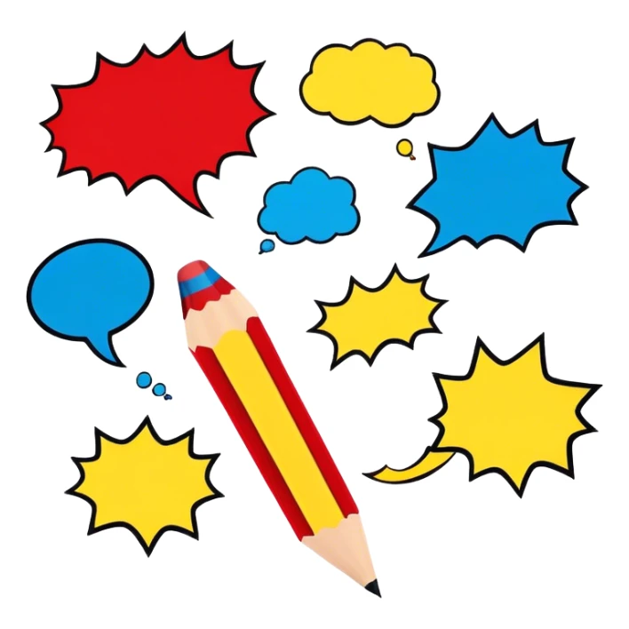 Create a vibrant and dynamic emoji representing comic books and graphic novels as an art form. The design should feature a comic book page with panels and speech bubbles, showcasing bold lines and vibrant colors. Include elements like a pencil or pen, as well as a superhero icon or an action scene to symbolize storytelling through visuals. Use bright, energetic colors like red, blue, and yellow to convey excitement and creativity. The overall design should feel playful, creative, and artistic. Make the background transparent. sticker