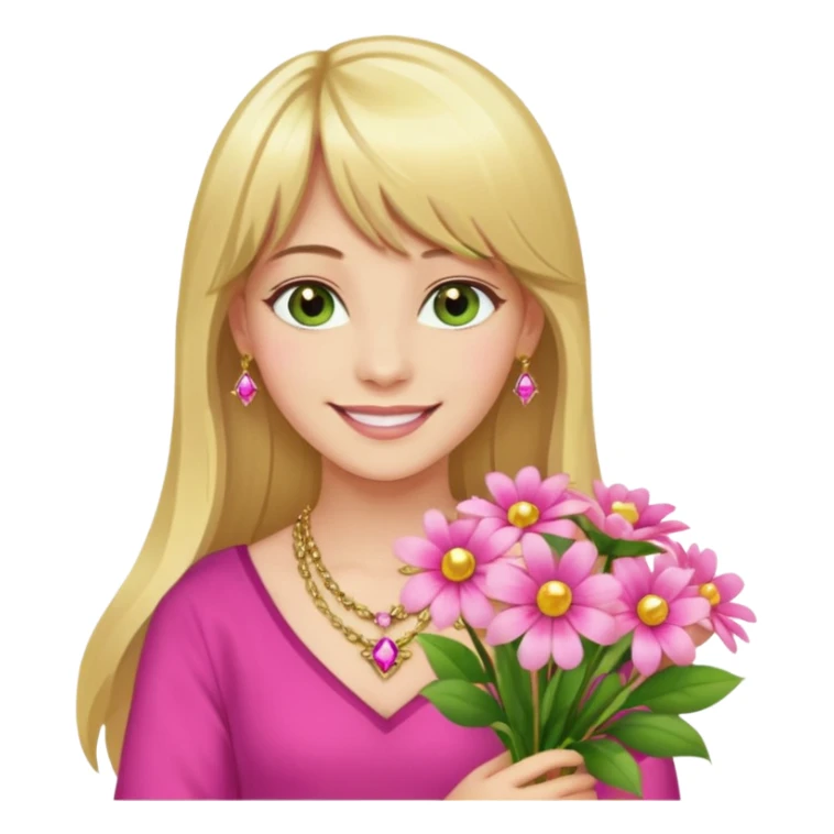 Long blonde haired with bangs, and big boobs smiling woman with hazel geen eyes, wearing pink and gold gemstone chains,  holding a big bouquet of beautiful bright flowers  sticker