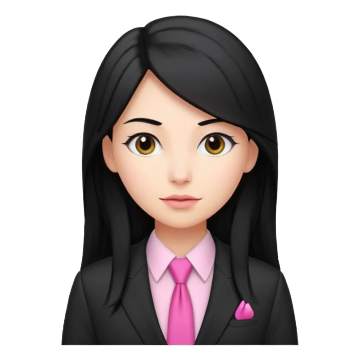 female boss in suit, long black hair, pink tie sticker