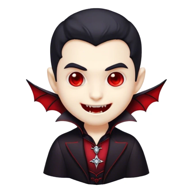 Cinematic Cute Vampire Portrait Emoji, with a refined yet playful small, rounded pale face accented by tiny, cute fangs and bright, twinkling eyes, sporting miniature elegant dark attire with a hint of crimson, simplified yet irresistibly charming, highly detailed with a soft glowing outline that captures the delightful duality of spooky sweetness and stylish allure! sticker